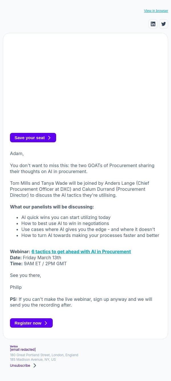 Adam - Tom Mills + Tanya Wade on AI in Procurement email from Vertice screenshot