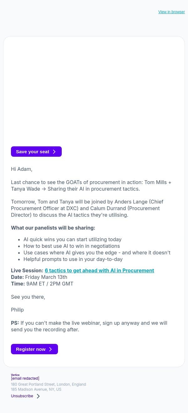 Last chance: Tom Mills + Tanya Wade on AI in Procurement email from Vertice screenshot