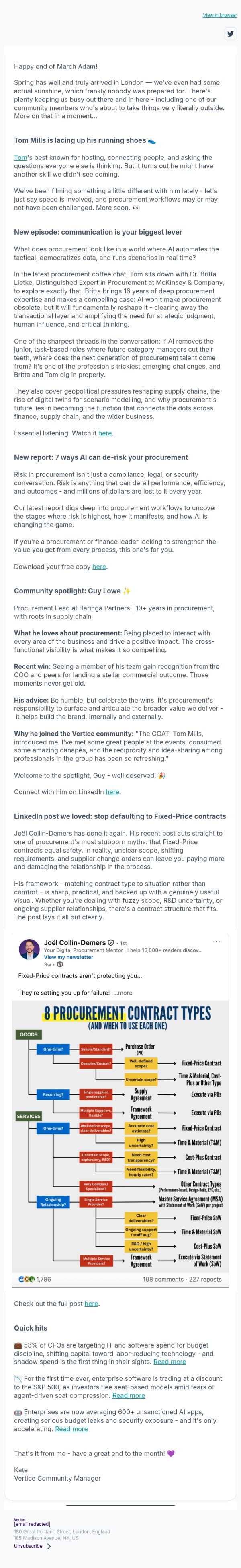 Your March procurement roundup is here Adam 😊 email from Vertice screenshot