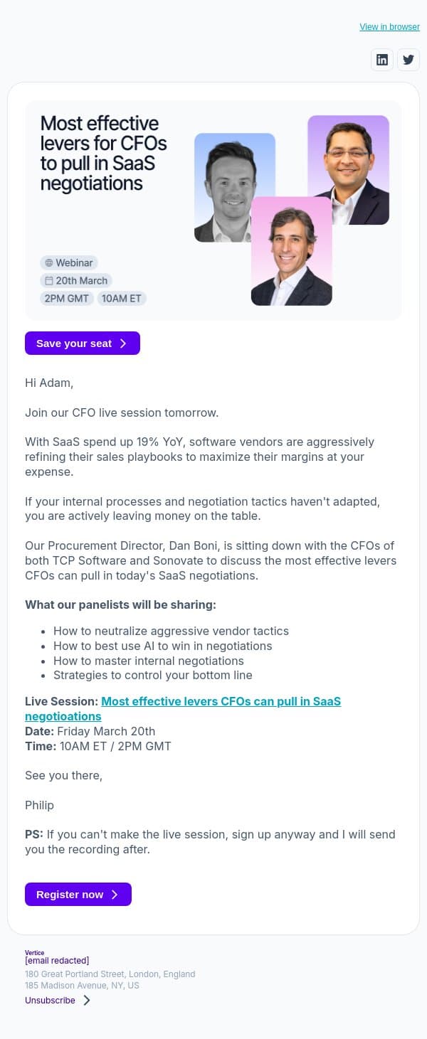 Last chance Adam Join 2 CFOs for vendor negotiation strategies email from Vertice screenshot