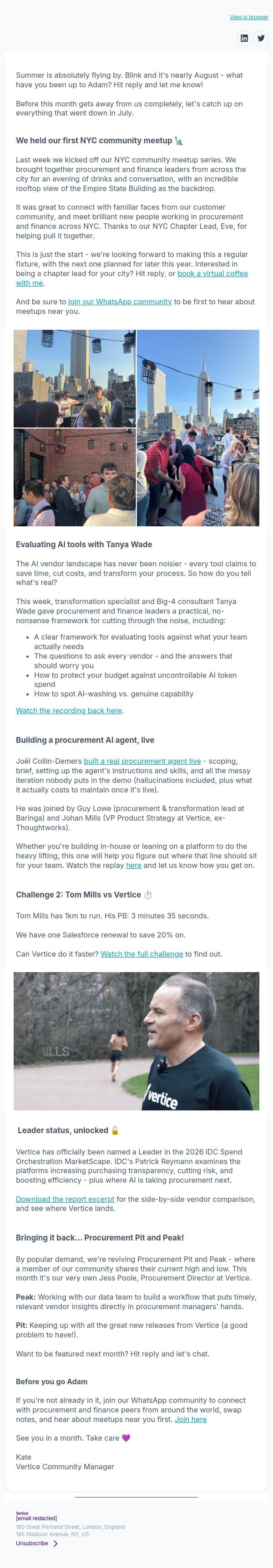 Rooftops, AI agents, and one very fast 1km - your July roundup just landed Adam email from Vertice screenshot