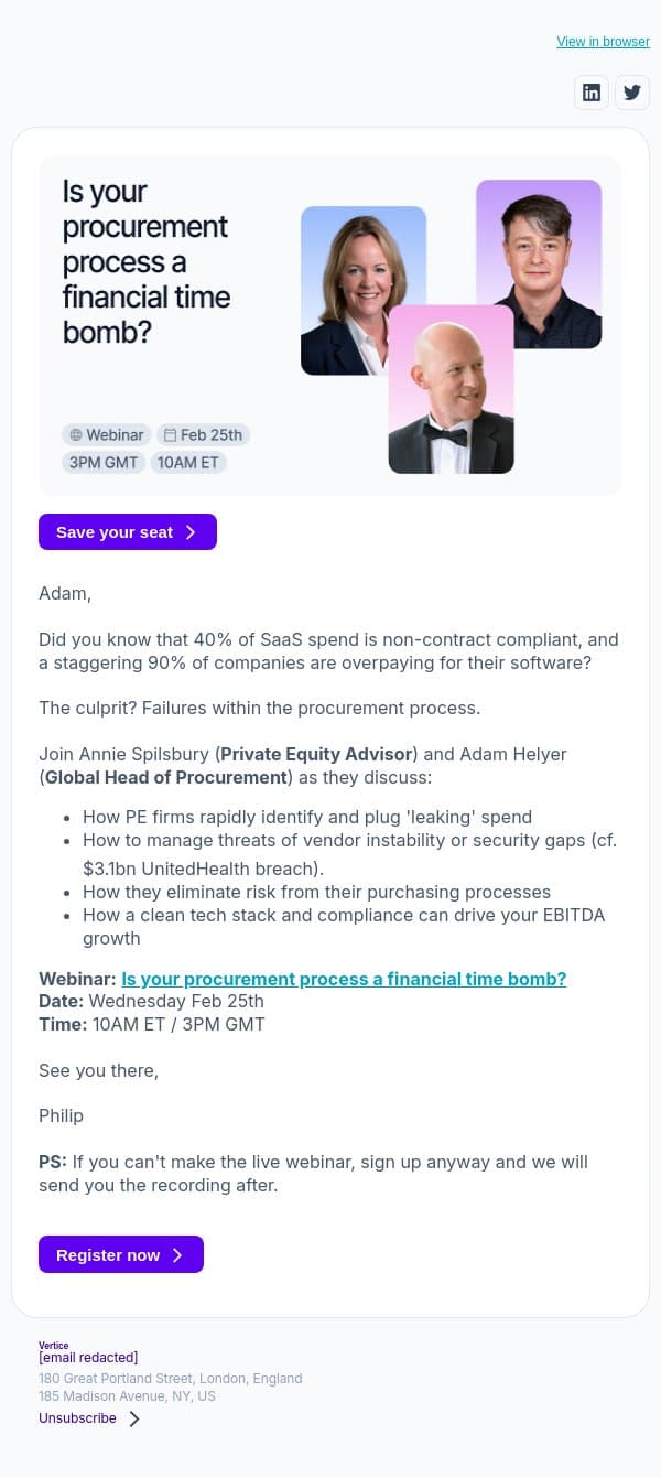 Adam is your procurement a financial time bomb? email from Vertice screenshot