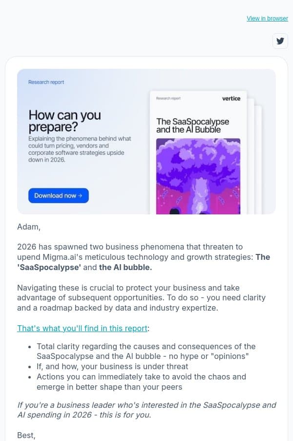 Adam - Beat the SaaSpocalypse and the AI bubble. email from Vertice screenshot
