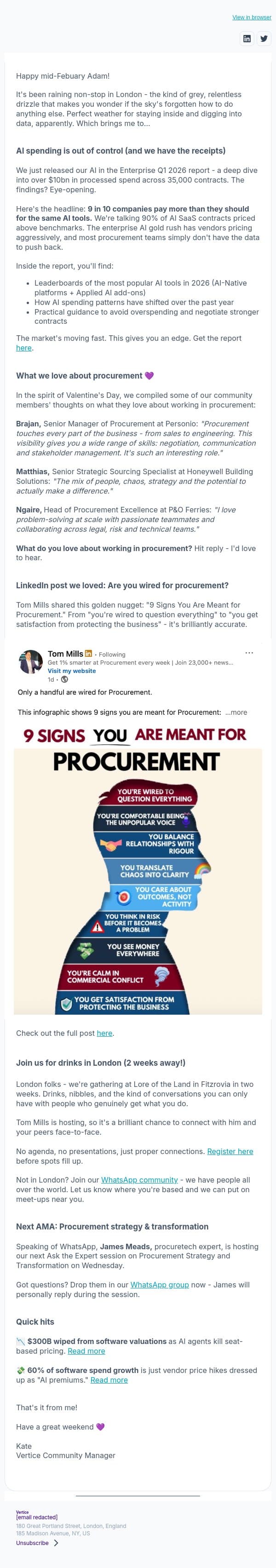 What we love about procurement 💜 (+ why 9 in 10 overpay for AI) email from Vertice screenshot
