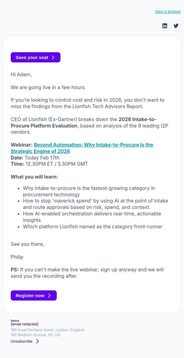 Live Today: 2026 Intake-to-Procure Evaluation email from Vertice screenshot