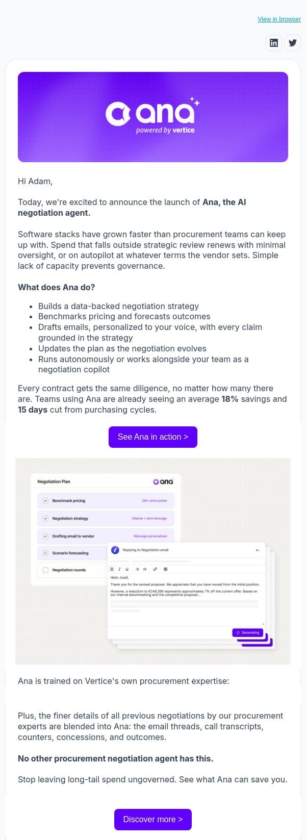 Introducing Ana, Vertice's AI negotiation agent email from Vertice screenshot