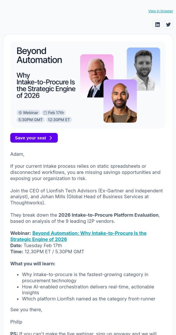 Ex-Gartner Analyst Procure-Tech Vendor Landscape (Webinar) email from Vertice screenshot