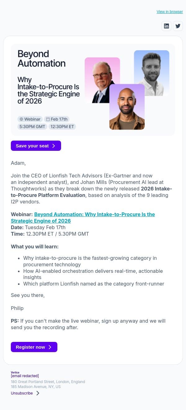 Adam, ex-Gartner analysts reveal the best intake-to-procure platforms email from Vertice screenshot