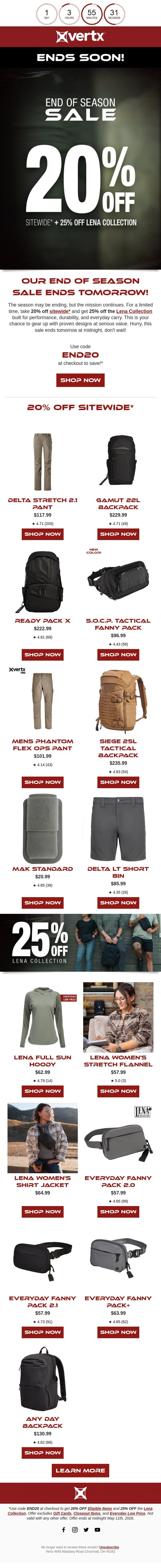 20% OFF Sitewide* Ends Tomorrow at Midnight! email from Vertx screenshot