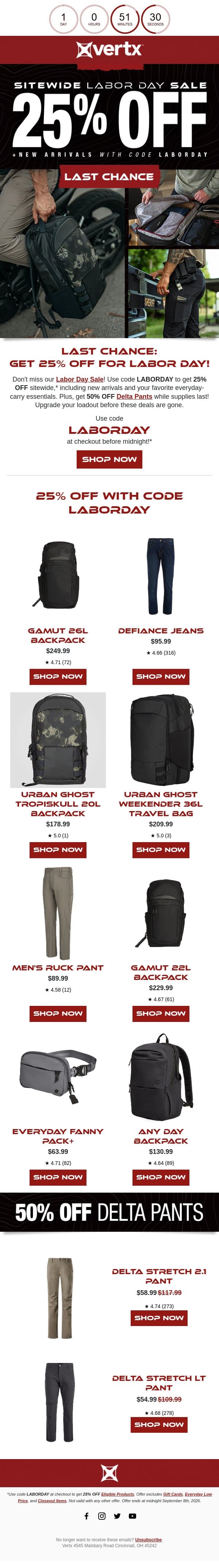 LAST CHANCE: Labor Day Sale, 25% OFF sitewide!* email from Vertx screenshot