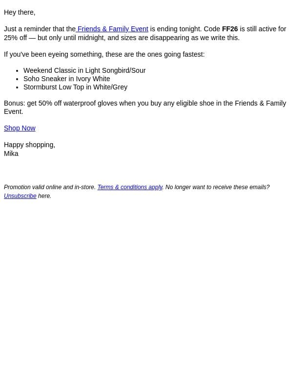 💧Final call - Friends & Family ends tonight email from Vessi screenshot