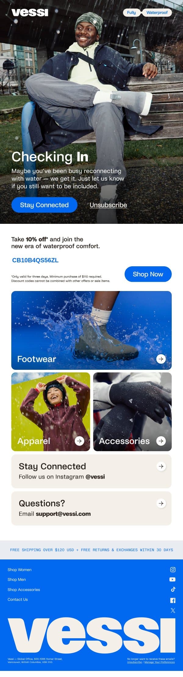 💧 Let’s catch up with 10% off your next purchase. email from Vessi screenshot