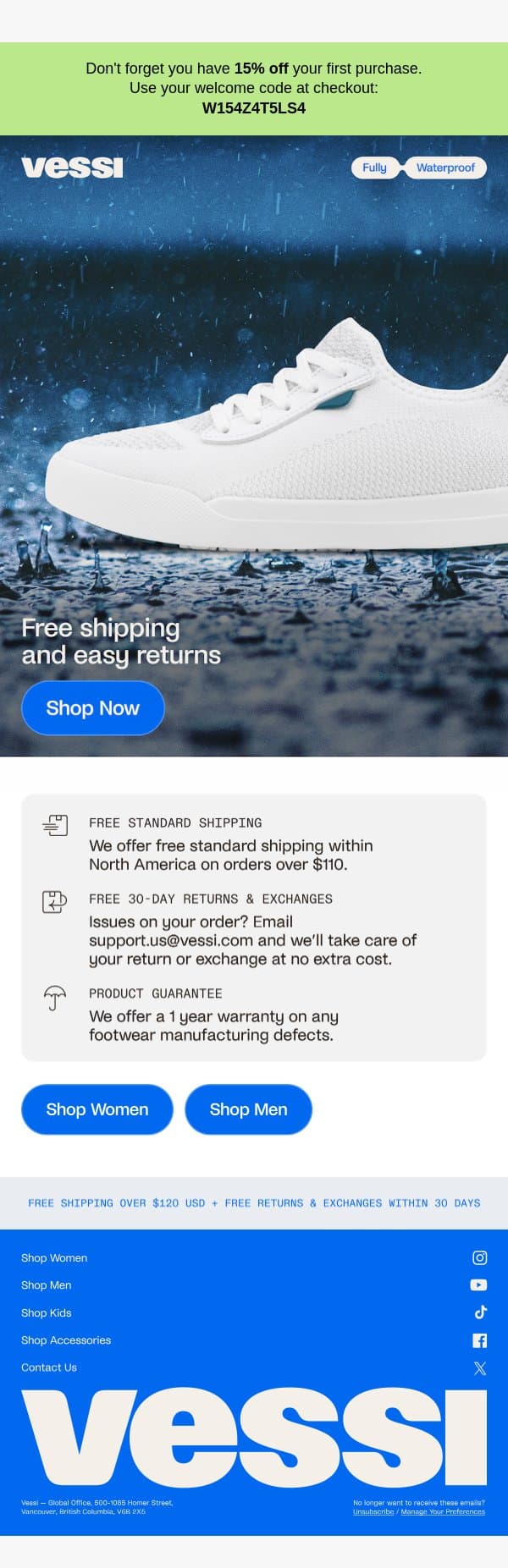 💧 Free 30-Day returns & exchanges email from Vessi screenshot