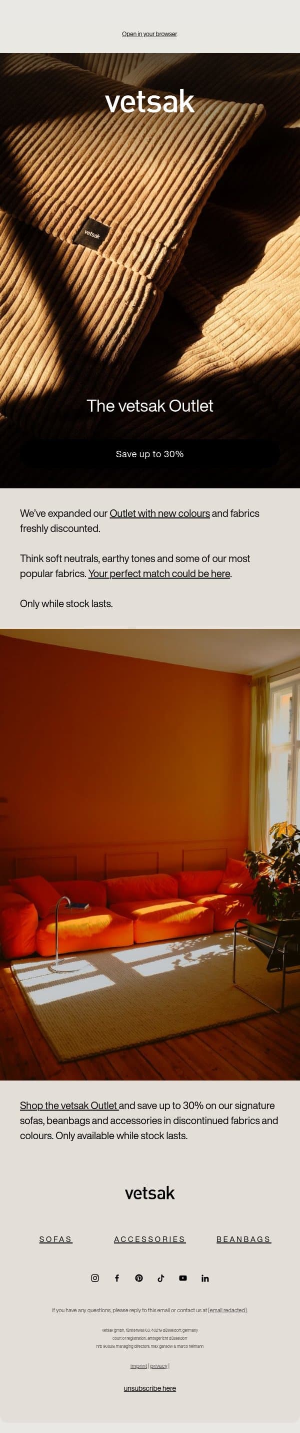 vetsak® comfort, Outlet prices. email from Vetsak screenshot