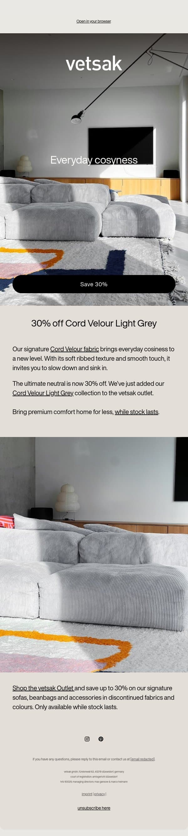30% off Cord Velour Light Grey. email from Vetsak screenshot