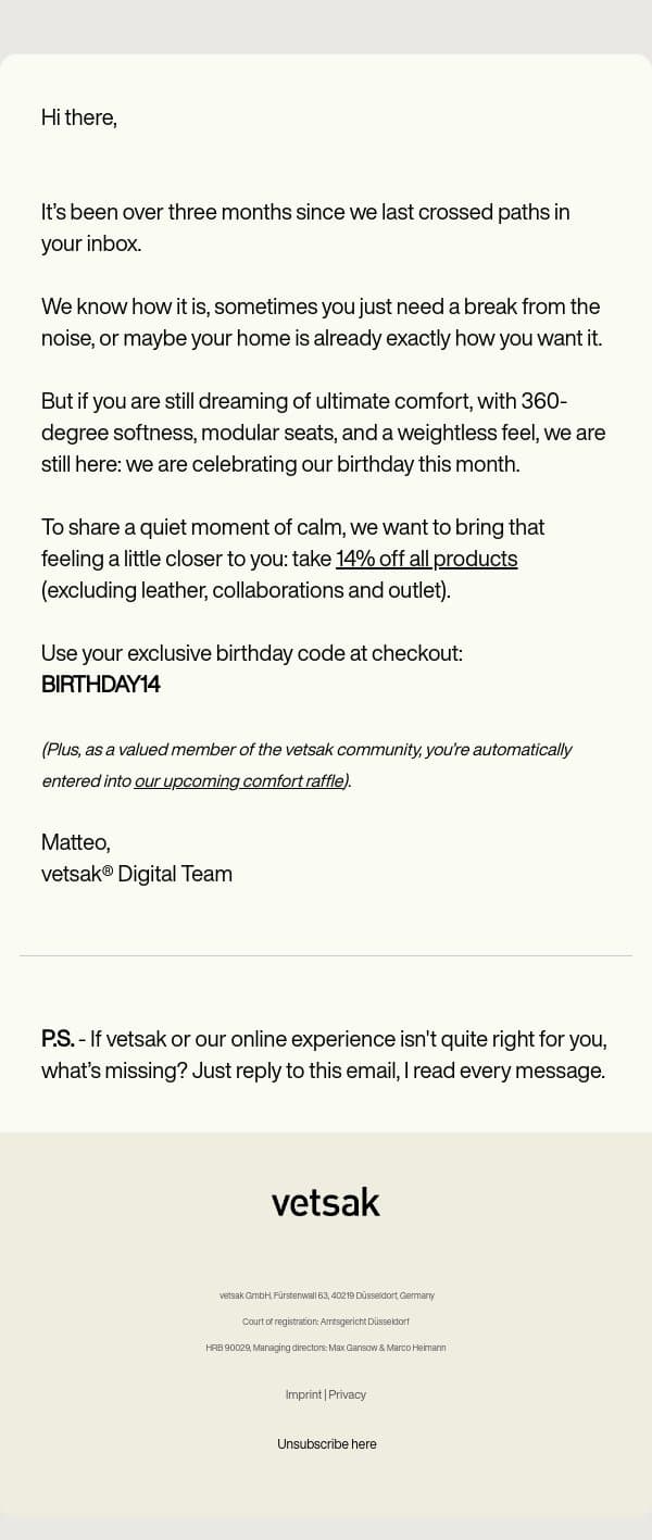 , we've missed you! email from Vetsak screenshot