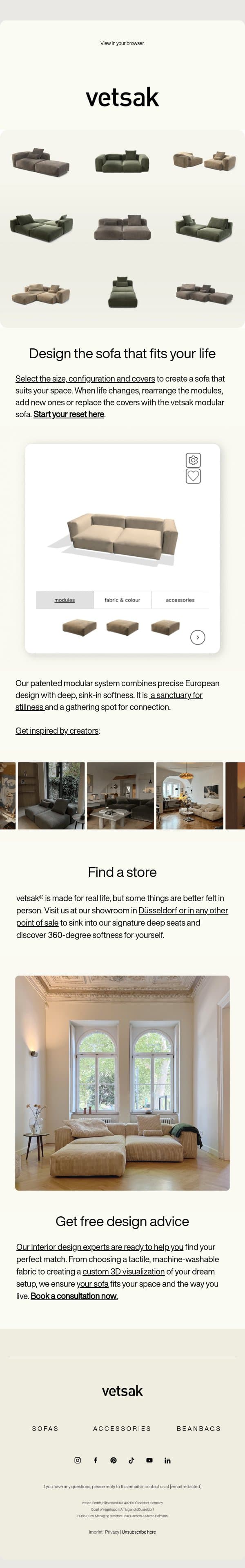 Design your dream sofa today. email from Vetsak screenshot