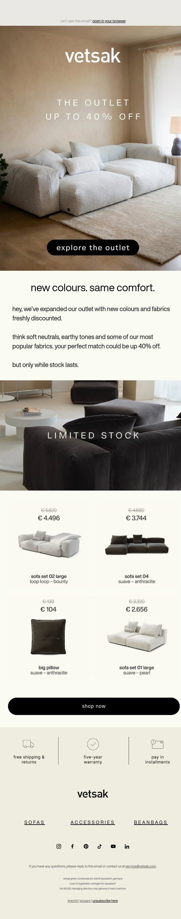 new in the outlet: more colours 👀 email from Vetsak screenshot