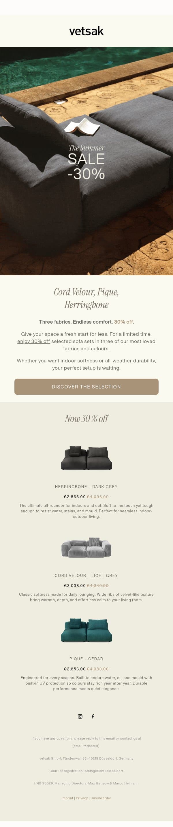 30% off selected fabrics. email from Vetsak screenshot