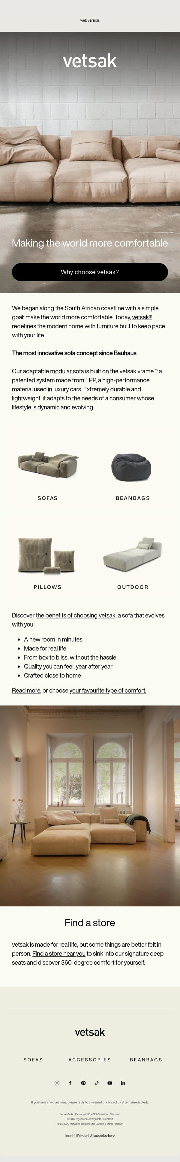 One sofa, endless possibilities email from Vetsak screenshot