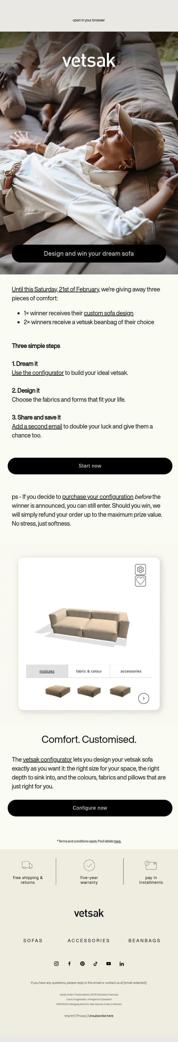 Win your dream sofa email from Vetsak screenshot