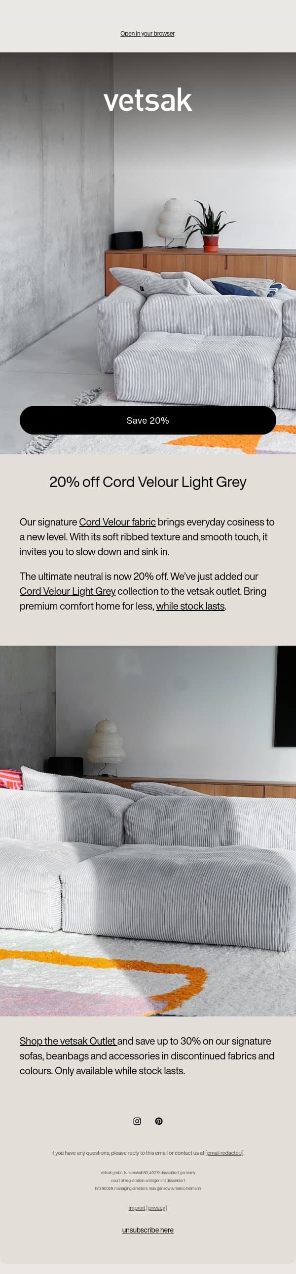 Cord Velour Outlet. email from Vetsak screenshot