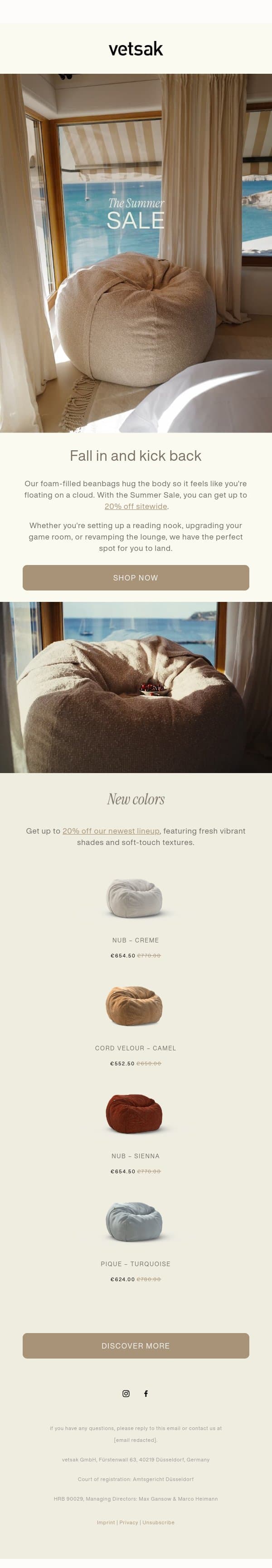 The Beanbag Summer Sale. email from Vetsak screenshot