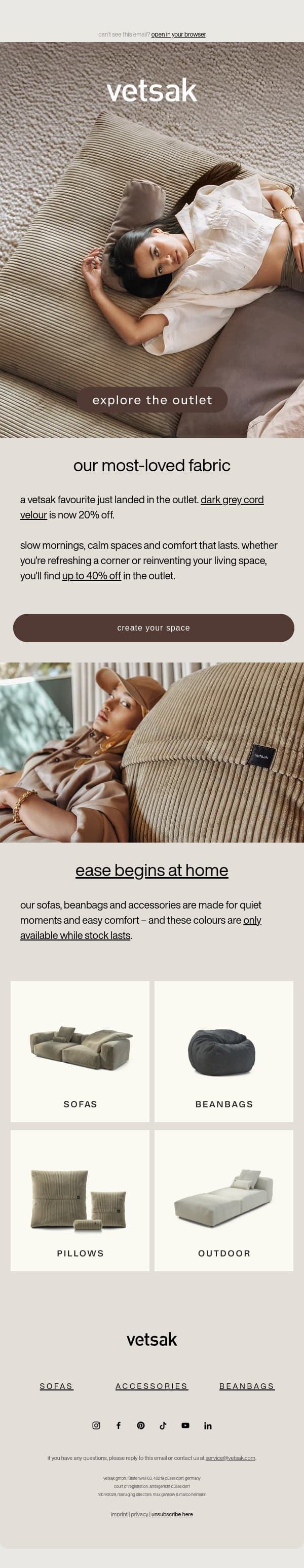 new in the outlet: cord velour email from Vetsak screenshot