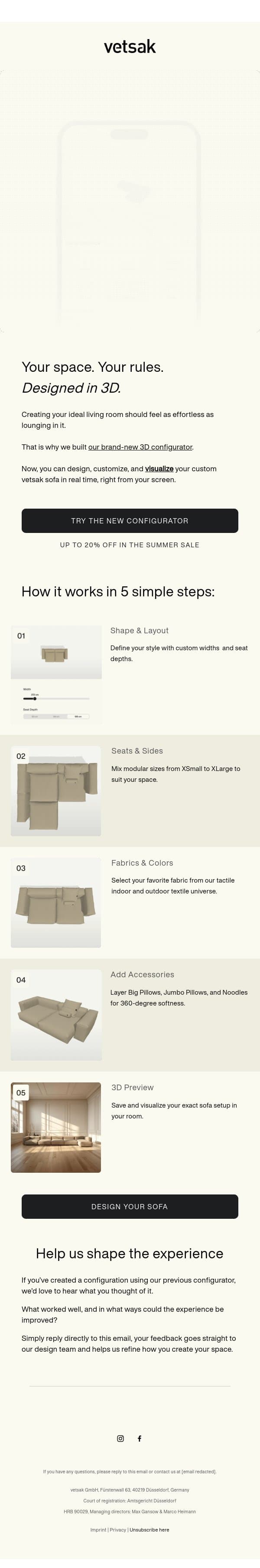 Try our new 3D configurator. email from Vetsak screenshot