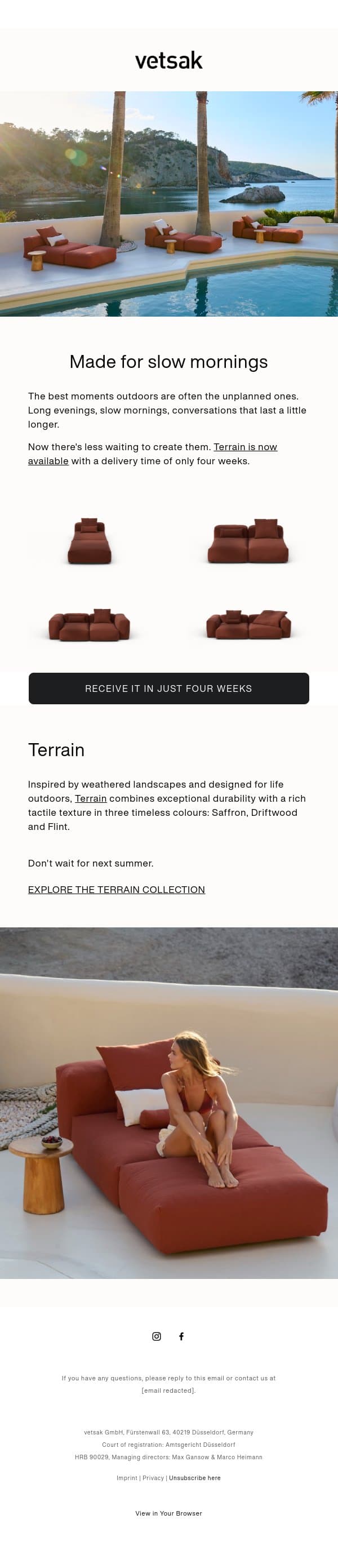 Your sofa. Delivered in four weeks. email from Vetsak screenshot
