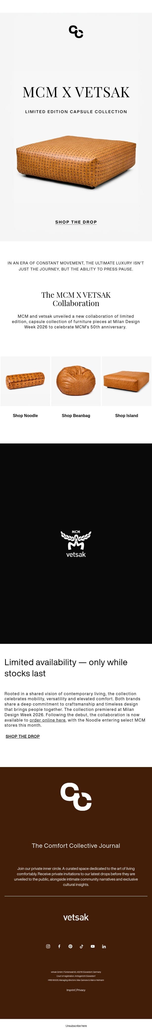 MCM x vetsak: 50th Anniversary Capsule Collection email from Vetsak screenshot