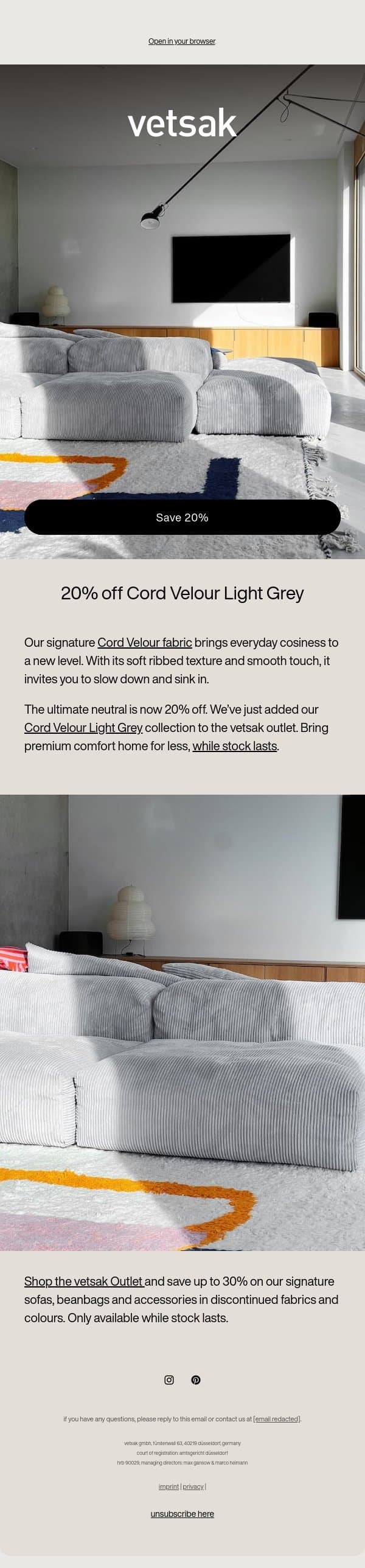 20% off Cord Velour Light Grey. email from Vetsak screenshot
