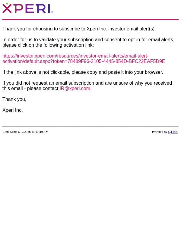 Xperi Inc. Website - Validate Account email from Vewd screenshot