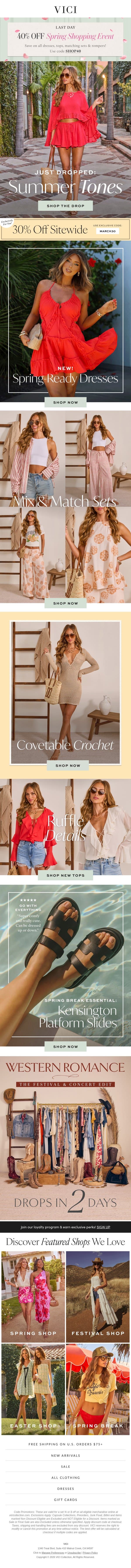 Just In: Sunset Tones 🌇 ICYMI: Last Day for 40% Off Dresses, Top, Sets, & Rompers email from Vici screenshot