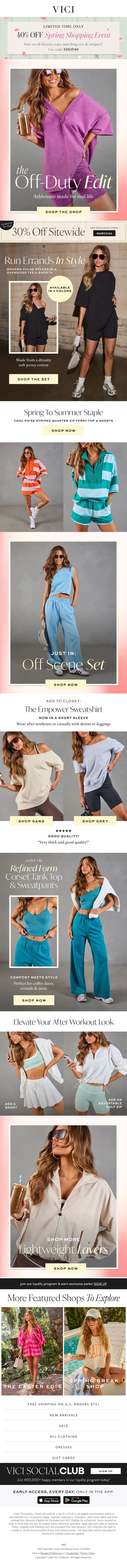 New! The Off Duty Edit + 40% Off Spring Shopping Event email from Vici screenshot