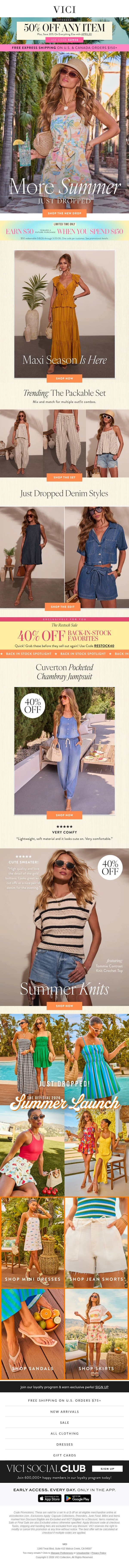 The Monday Drop: MORE New Summer! + 50% Off Any Item For One. More. Day! email from Vici screenshot