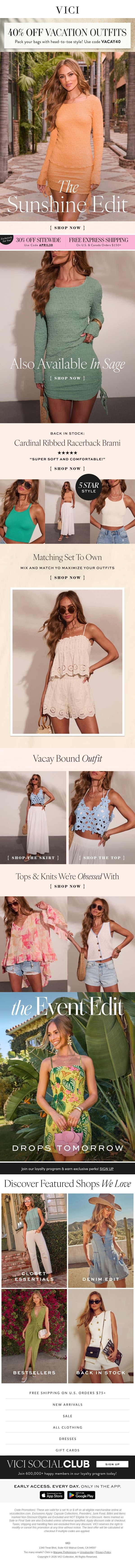 Friday Mood: The Sunshine Edit ☀️ 40% Off Vacation Looks Today email from Vici screenshot