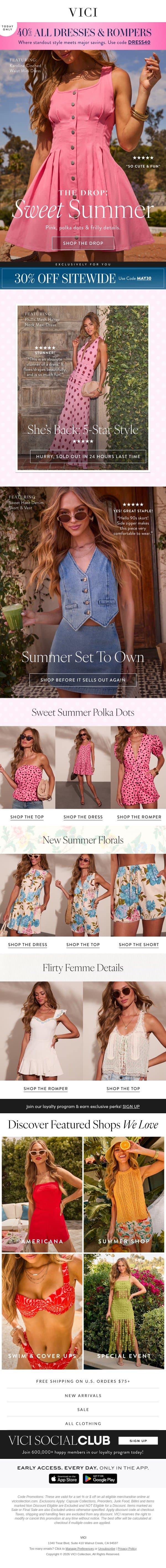 New Today: Sweet Summer Styles & Polka Dots 💕 40% Off Dresses & Rompers Today! email from Vici screenshot