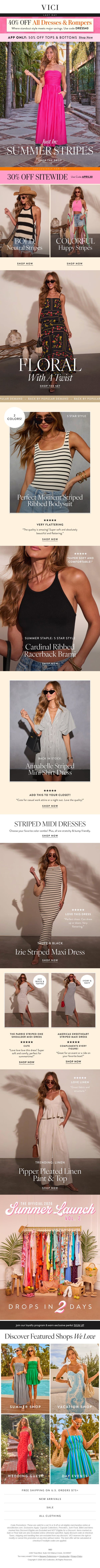 Just In! Summer Stripes & App Only: 50% Off Tops & Bottoms email from Vici screenshot