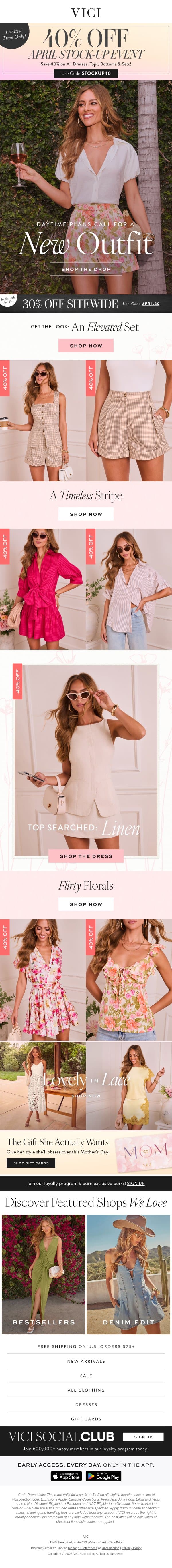 New! Stripes, Gingham, Lace & More + The April Stock-Up Event Starts NOW email from Vici screenshot
