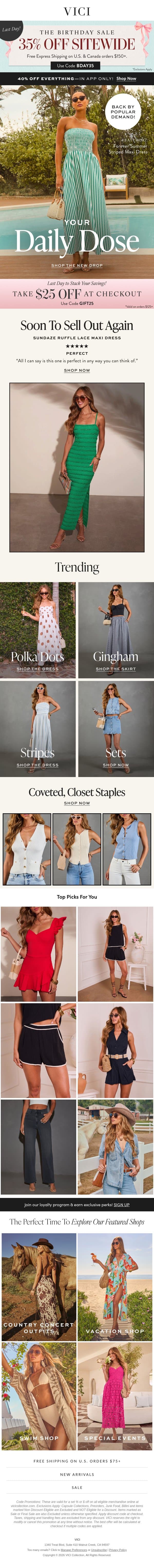 Extended! FREE $25 & 35% Off Sitewide Birthday Sale For One More Day! email from Vici screenshot