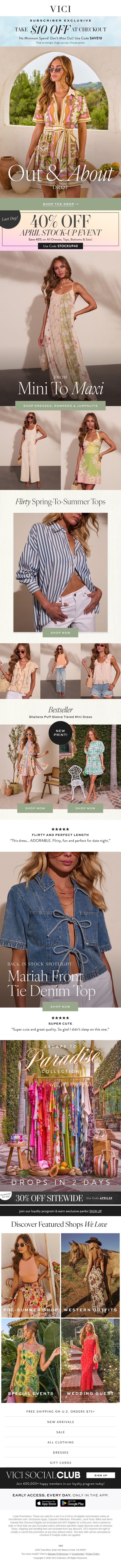 The Out & About Drop + 40% Off April Stock-Up Event Ends Tonight email from Vici screenshot