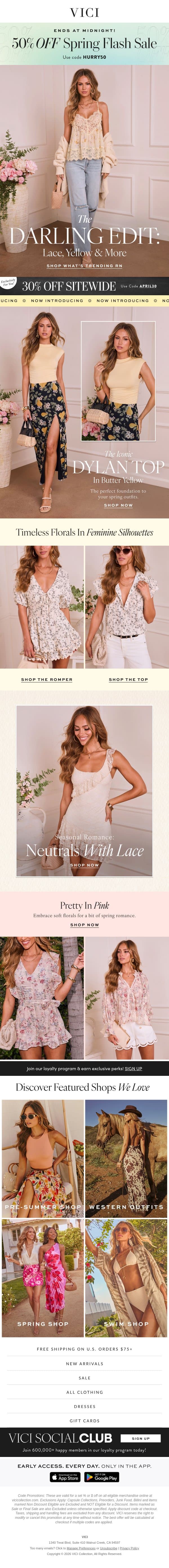 Just In! The Darling Edit: Lace & Yellow + 50% Off Flash Sale Is ON email from Vici screenshot