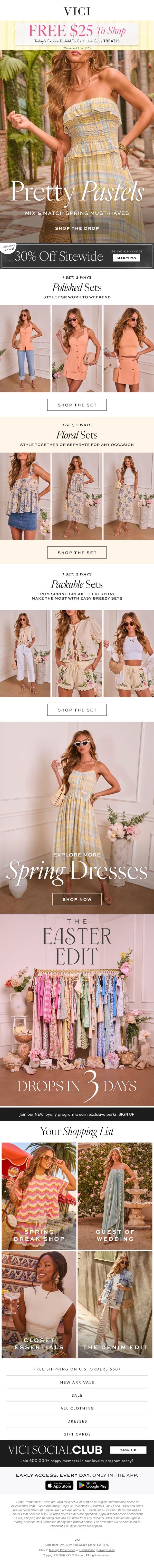 Pretty Pastels Just Dropped + FREE $25 Today! email from Vici screenshot