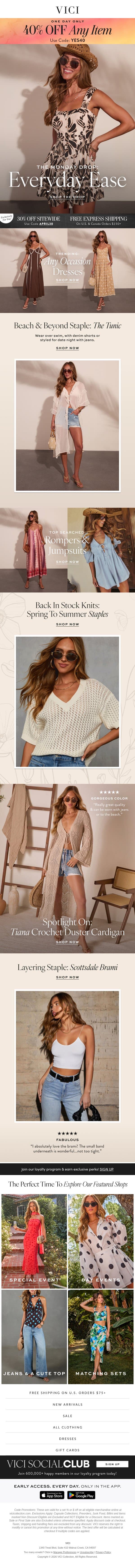 The Monday Drop: Everyday Ease + 40% Off Any Item Today email from Vici screenshot