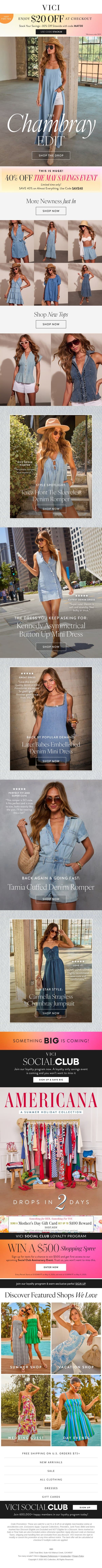Just In: Chambray Season Starts Now 🩵 40% Off The May Savings Event Ends Tonight email from Vici screenshot