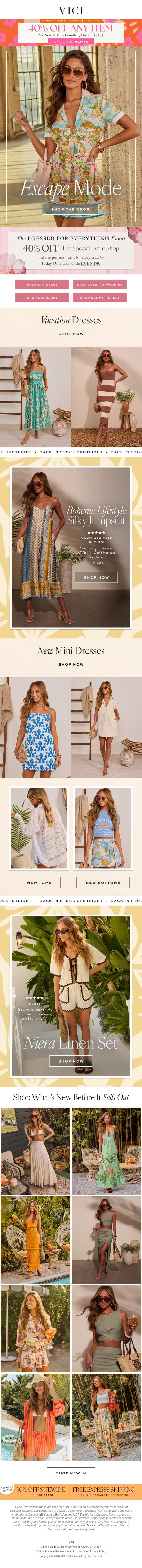 The Monday Drop: Escape Mode + 40% Off Dressed For Everything Event email from Vici screenshot