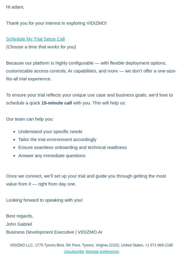 Last step, Schedule a meeting to setup a free trial for EnterpriseTube email from VIDIZMO screenshot