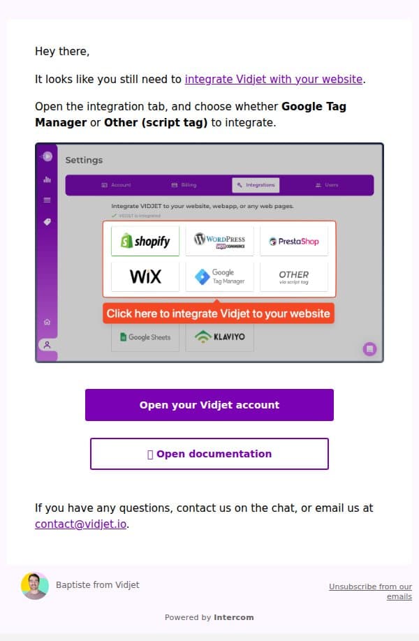 Integrate your Website with Vidjet - Reminder email from Vidjet screenshot