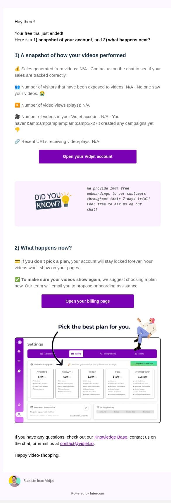 Your trial ended - What happens next? 👀 email from Vidjet screenshot